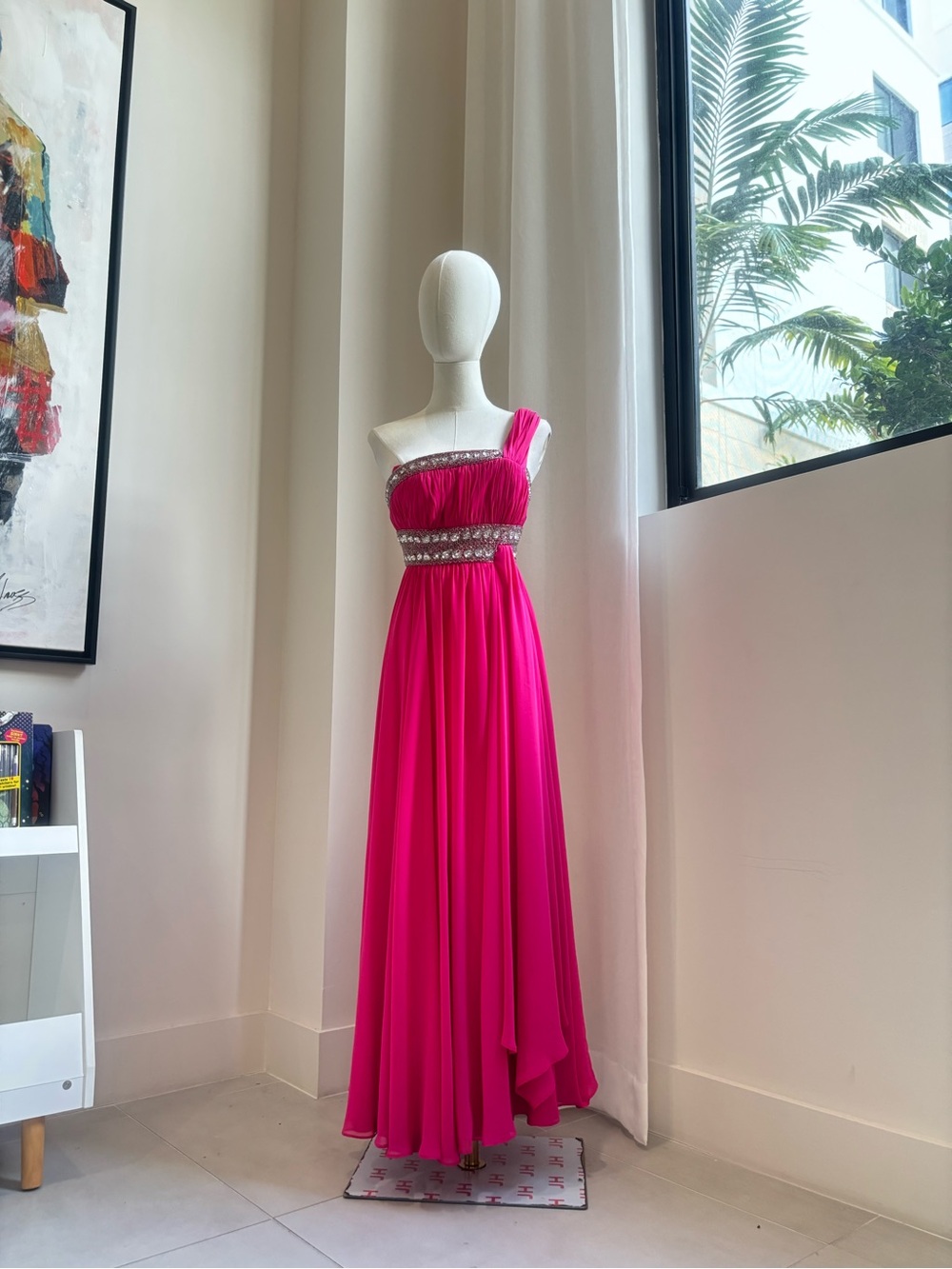 May Queen fuchsia one-shoulder evening gown with beaded embellishment